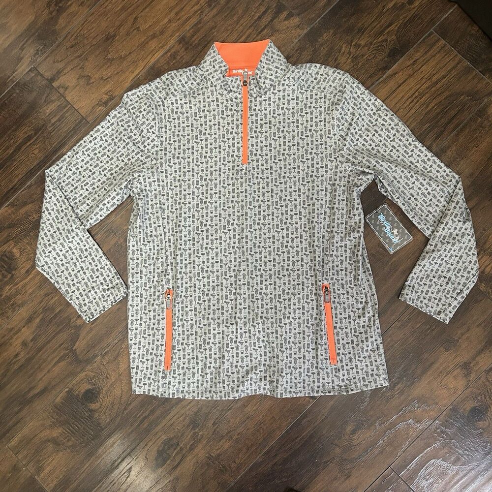 Birdie Bound Mens M Cocktail Print Quarter Zip Golf Pullover Grey Orange NWT